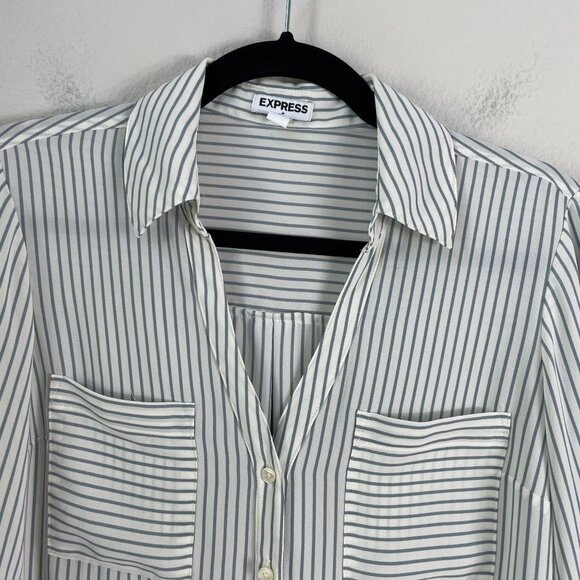 Express Womens Small Striped Button Up Blouse Roll Tab Sleeves Shirt Top - Picture 2 of 8